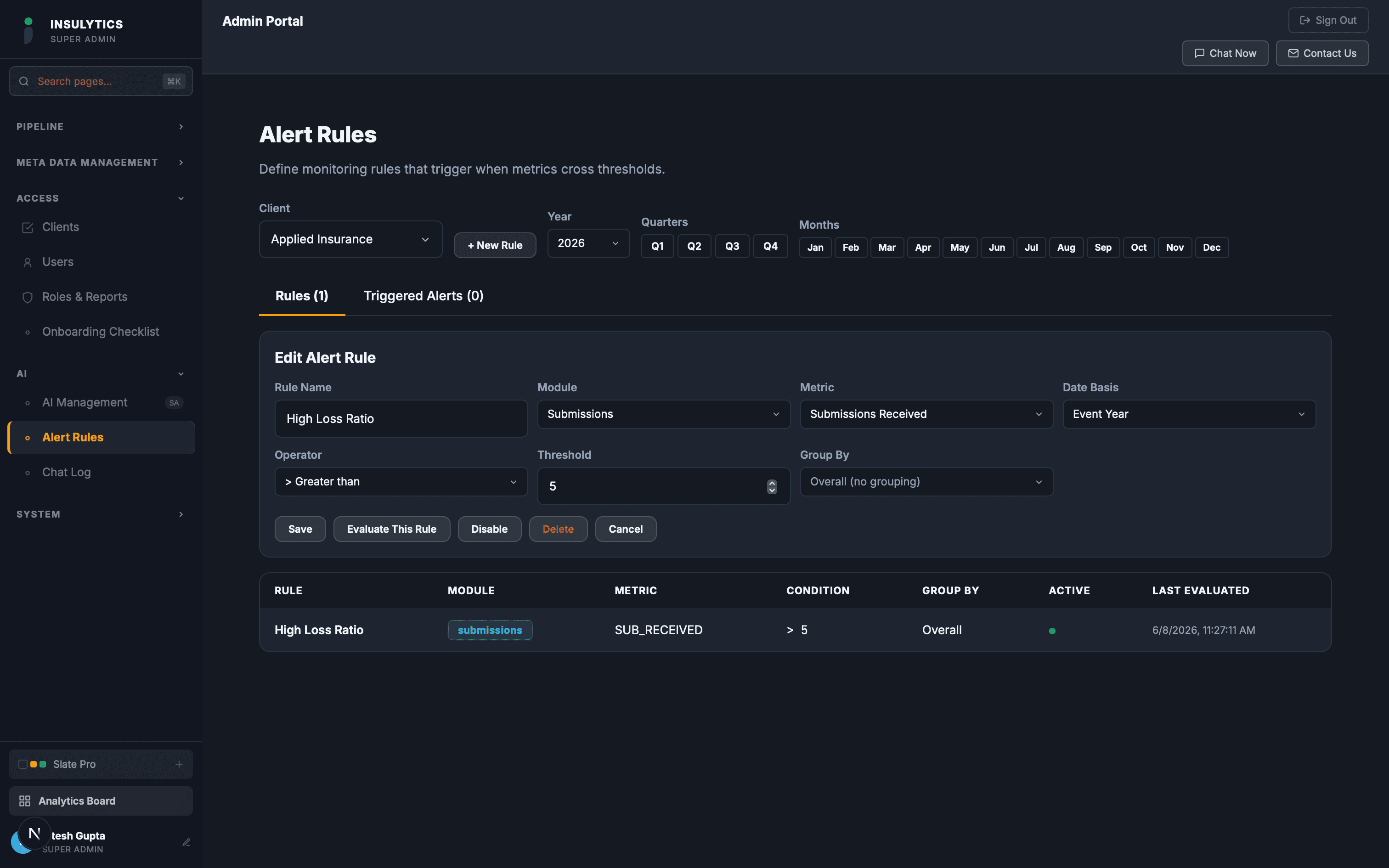 AI alert rules configuration screen with threshold monitoring